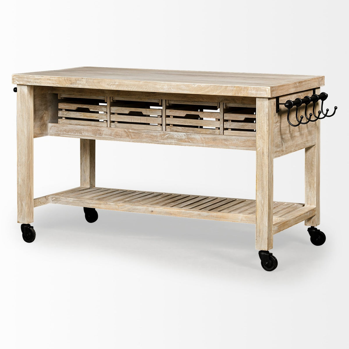 Mercana Columbia 62L x 28W x 36H I Light Brown Body w/ Black Iron Knobs Rolling Kitchen Island