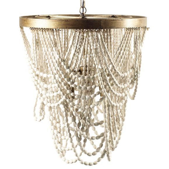 Mercana Pendra Gold Metal Whitewashed Wooden Bead Three Bulb Chandelier, primary product view