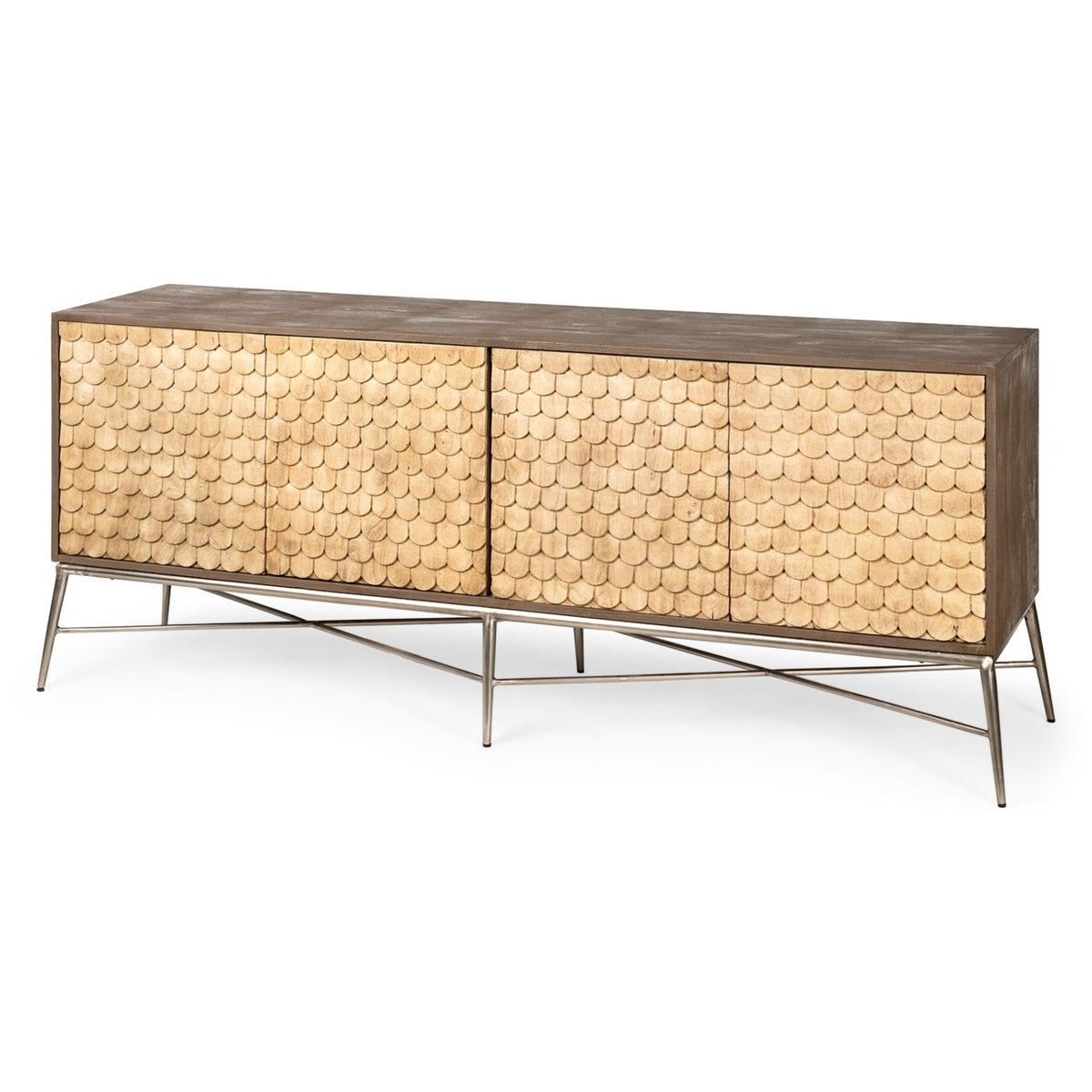 Mercana Swordfish Two-Tone Brown Wood Cabinet Silver Metal Base 4 Cabinet Door Sideboard, primary product view