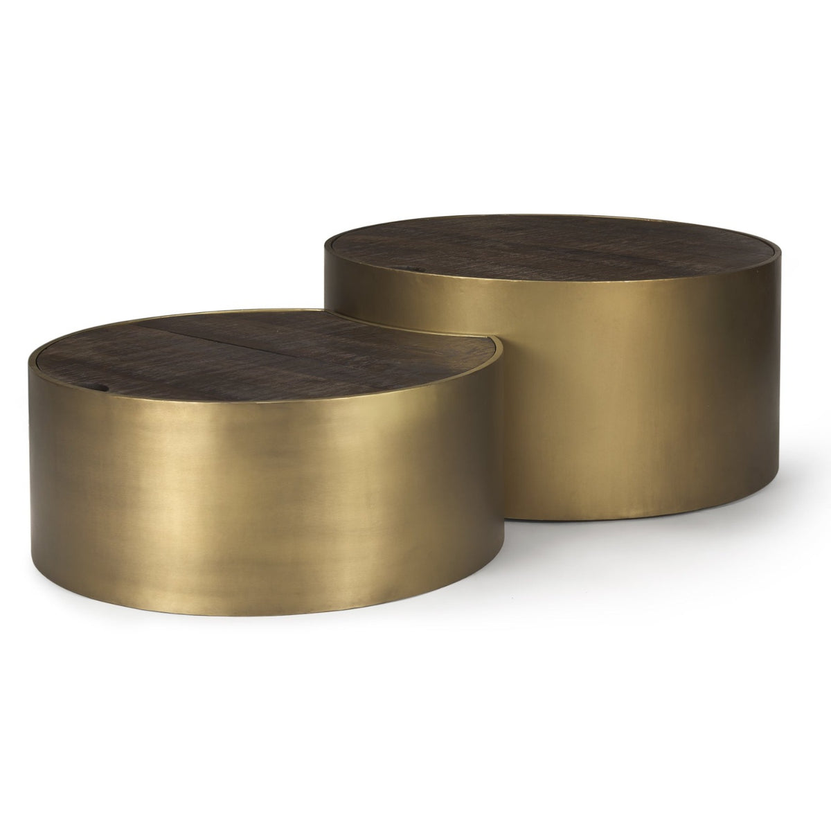Mercana Eclipse Antique Brass Metal Drum Base w/Dark Brown Wood Top Nested Coffee Table Set in Gold, primary product view