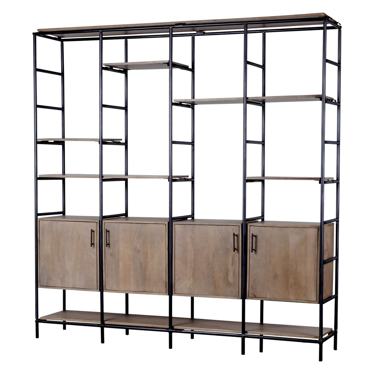 Mercana Darius 82L x 16.5W x 90H Medium Brown Wood and Metal Multi-Shelf Shelving Unit