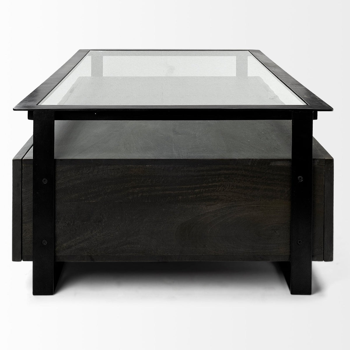 Mercana Vidro Rectangular Glass Top Black Solid Wood Drawers & Black Frame Coffee Table