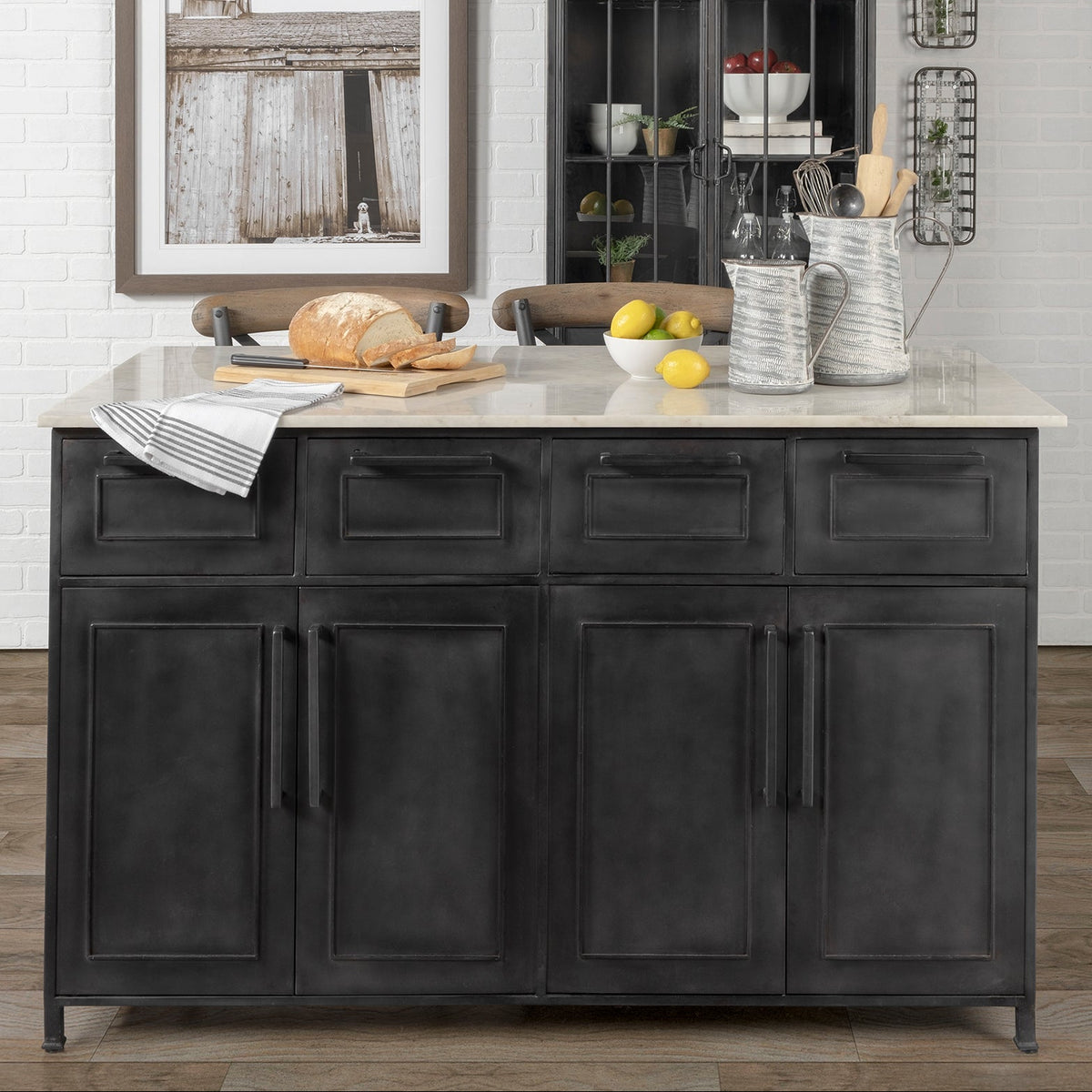 Mercana Fieri Solid Iron Black Body White Marble Top Four Drawer Kitchen Island