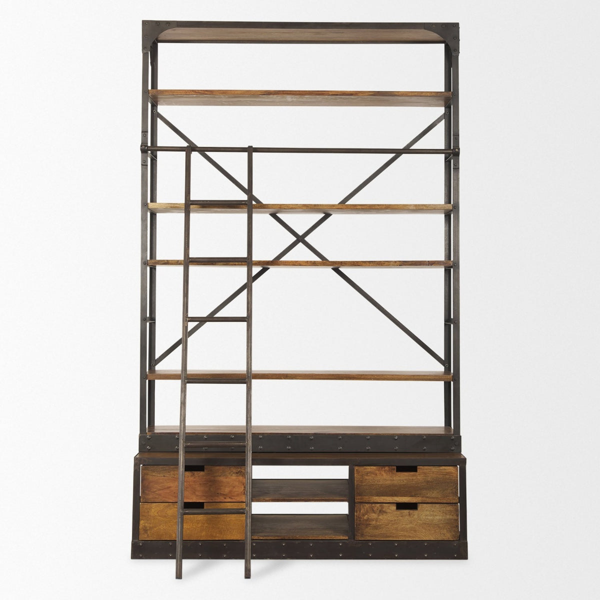 Mercana Brodie II Medium Brown Wood Black Ladder Four Shelf Shelving Unit 57L x 20.5W x94H