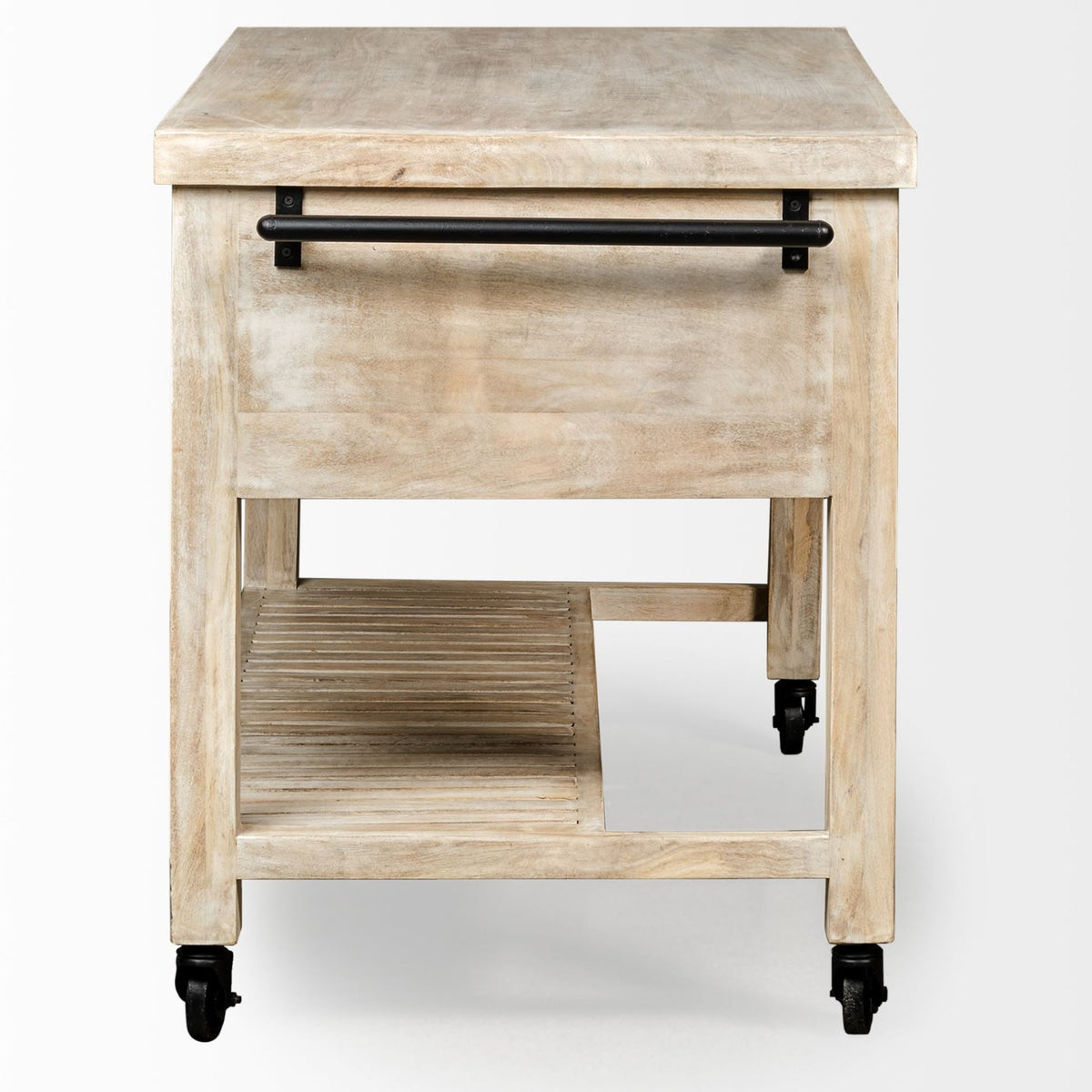 Mercana Columbia 62L x 28W x 36H I Light Brown Body w/ Black Iron Knobs Rolling Kitchen Island
