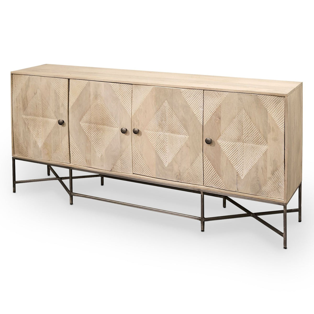 Mercana Hogarth III Brown Solid Wood Frame Gold Metal Base 4 Cabinet Door Sideboard in Beige, primary product view