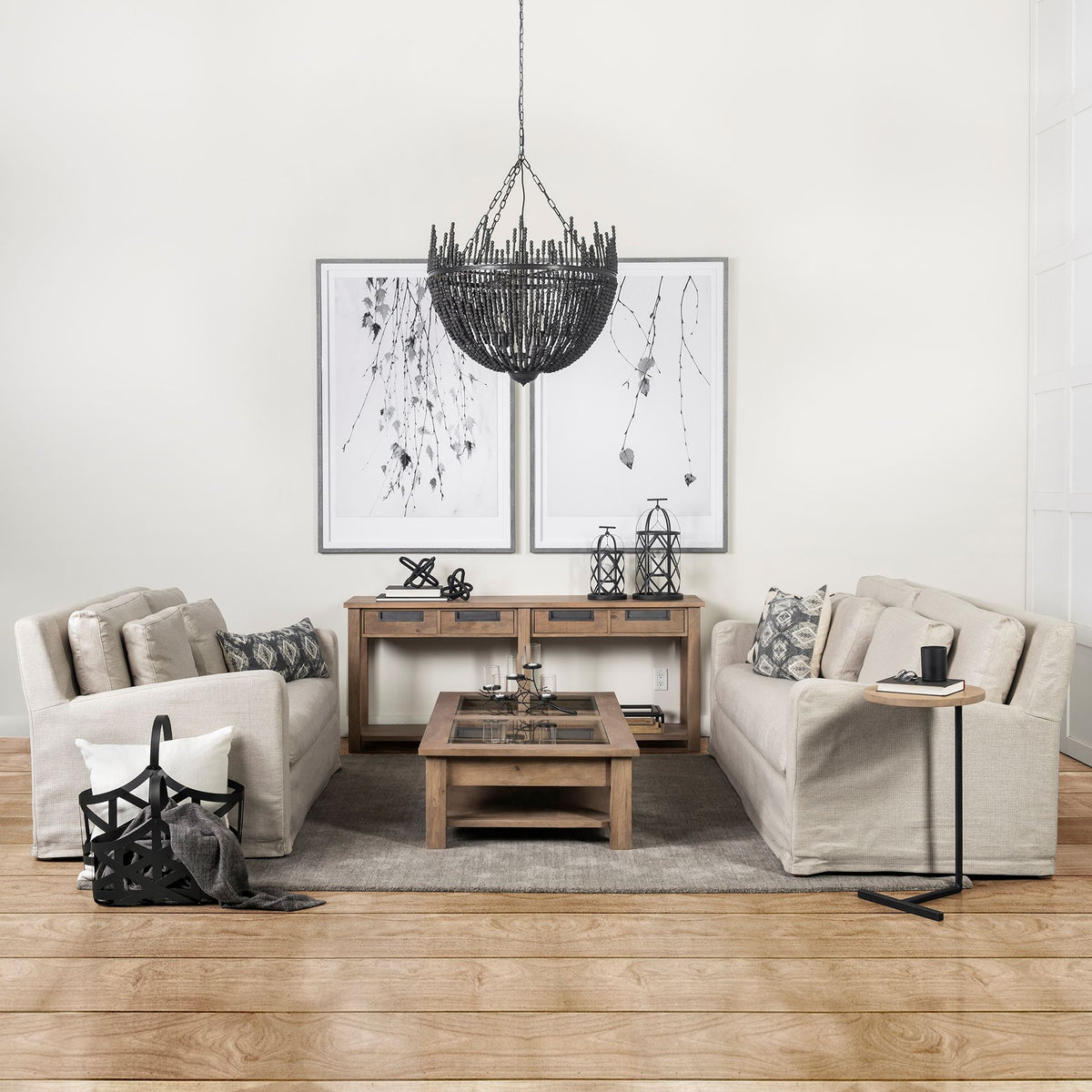 Mercana Liam I Black Wooden Bead Bowl-Style Four Bulb Chandelier