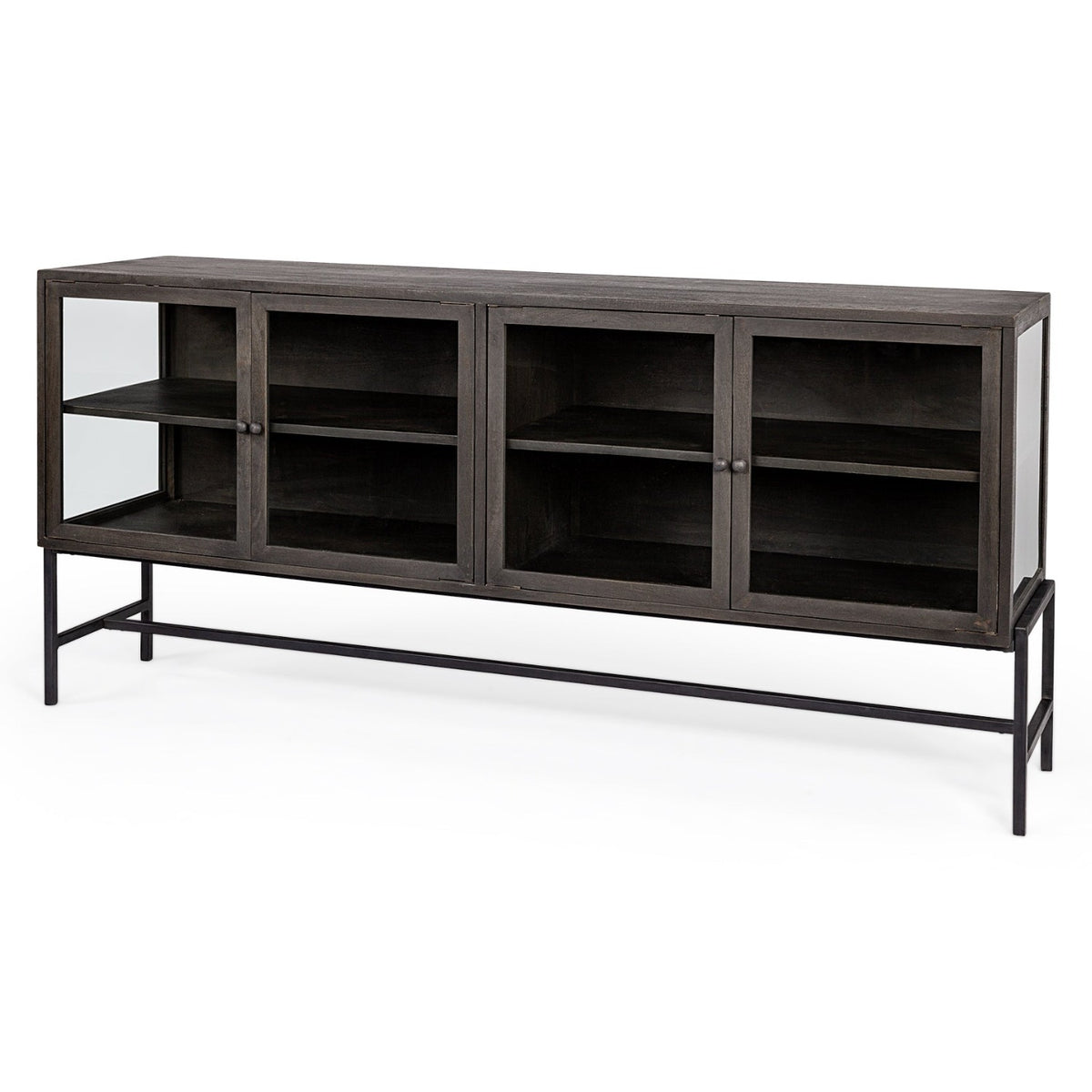 Mercana Arelius Black-Brown Wood, Black Metal Base w/4 Glass Cabinet Doors Sideboard in Black and Brown, primary product view
