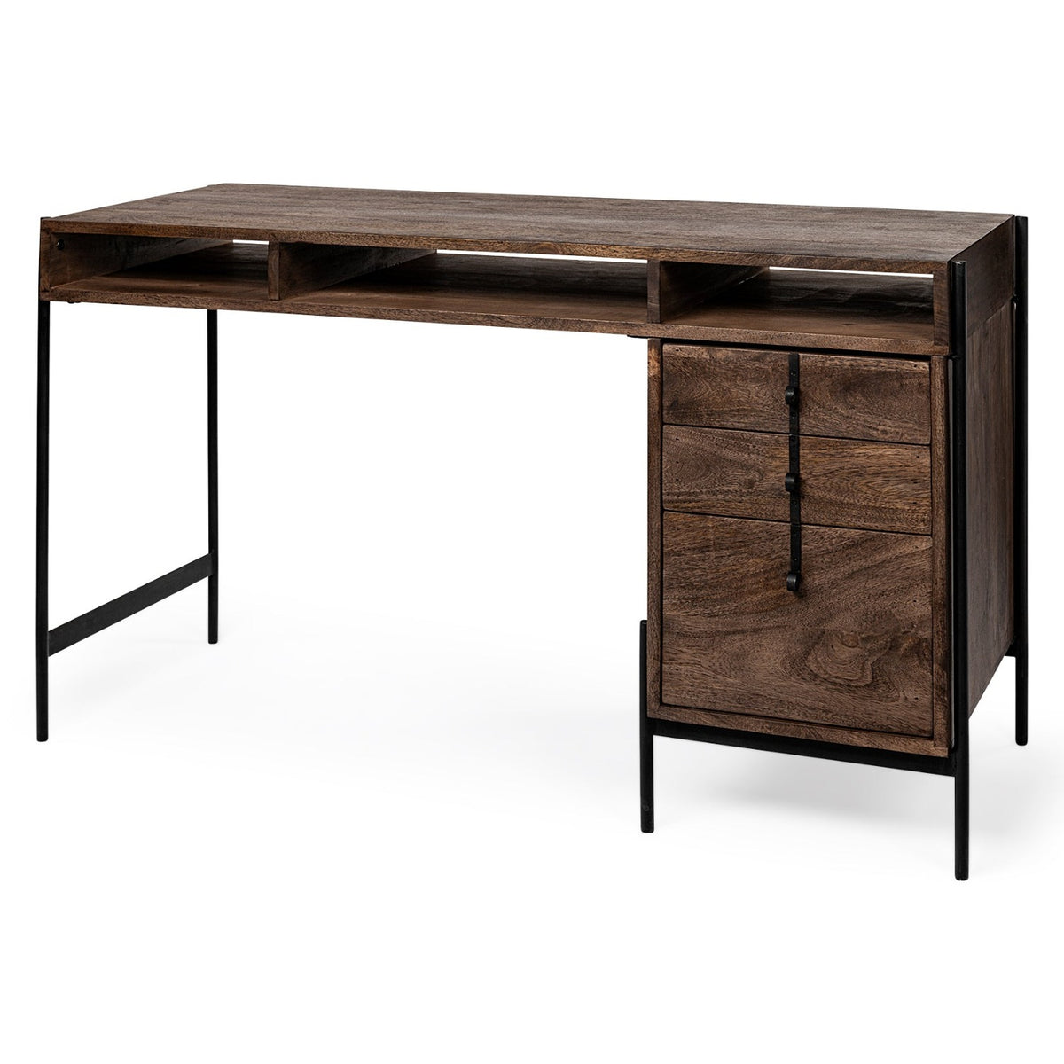 Mercana Glenn VII Dark Brown Wood w/Black Iron Frame 3 Drawer Office Desk, primary product view