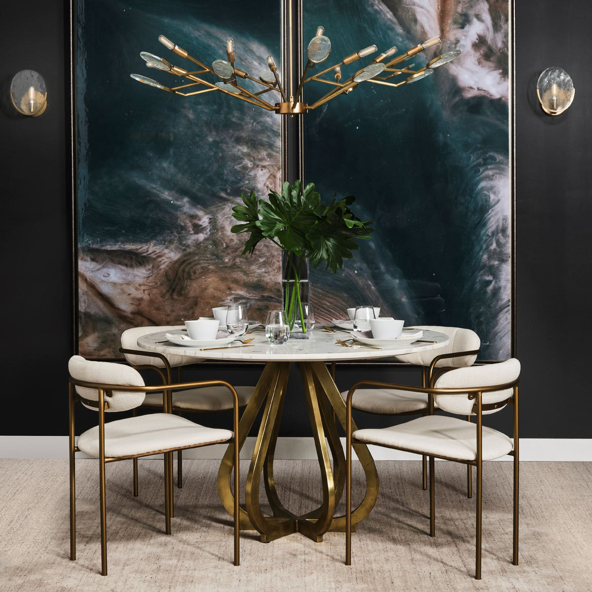 Mercana Laurent 48"L x 48"W Dining Table | Modern | White Marble & Gold Metal | Seats 4