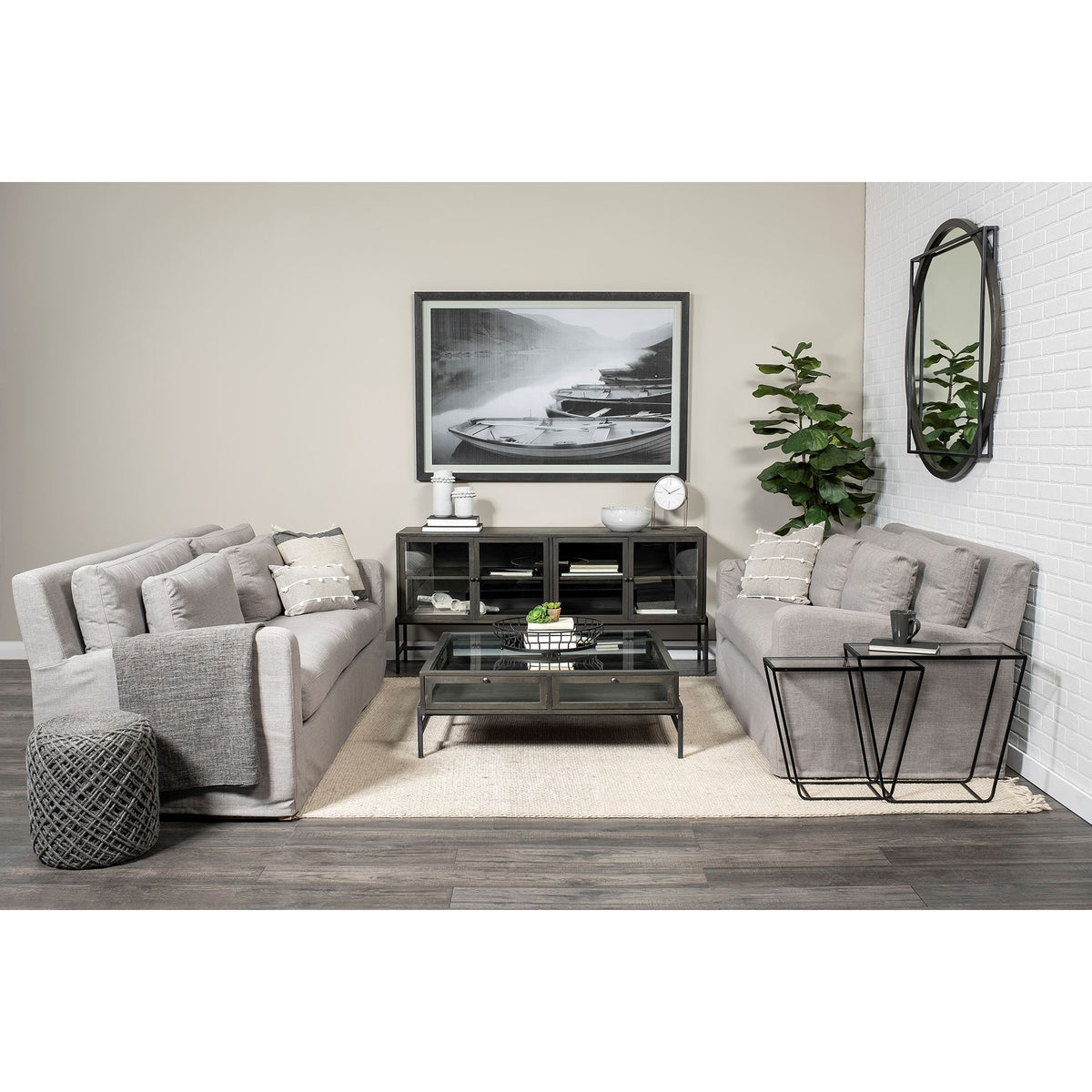Mercana Arelius 70L x 18.75W x 32H Black-Brown Wood, Black Metal Base w/ 4 Glass Cabinet Doors Sideboard