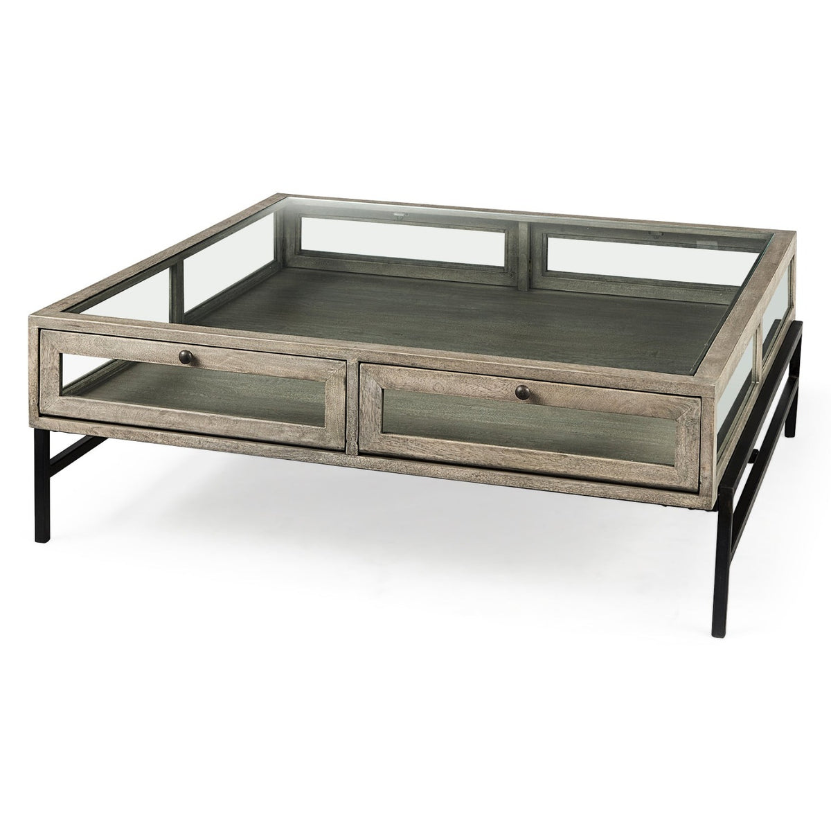 Mercana Arelius Square Glass-Top Gray Wood w/Black Metal Base Display Coffee Table, primary product view