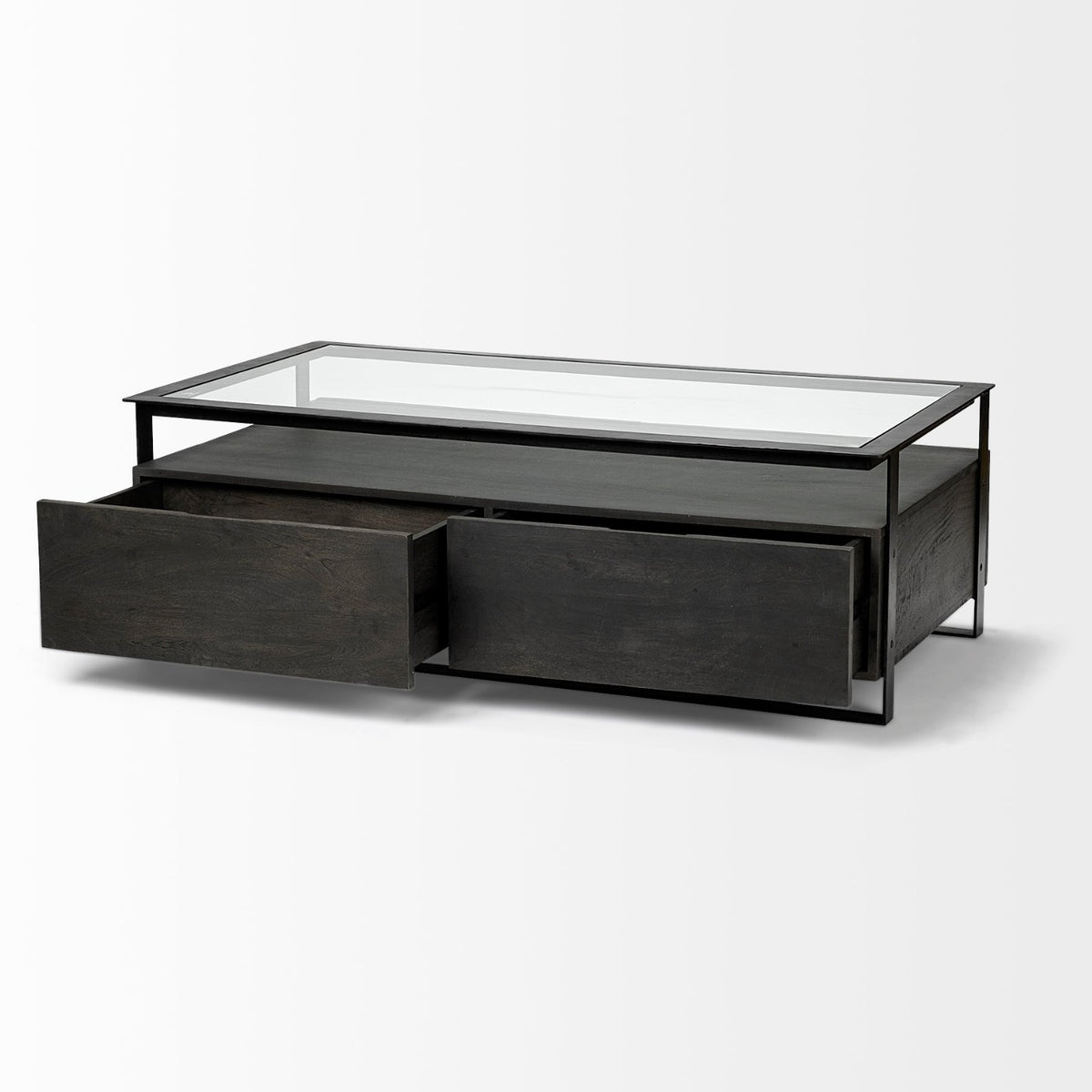 Mercana Vidro Rectangular Glass Top Black Solid Wood Drawers & Black Frame Coffee Table