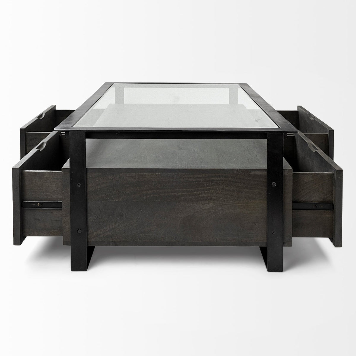 Mercana Vidro Rectangular Glass Top Black Solid Wood Drawers & Black Frame Coffee Table
