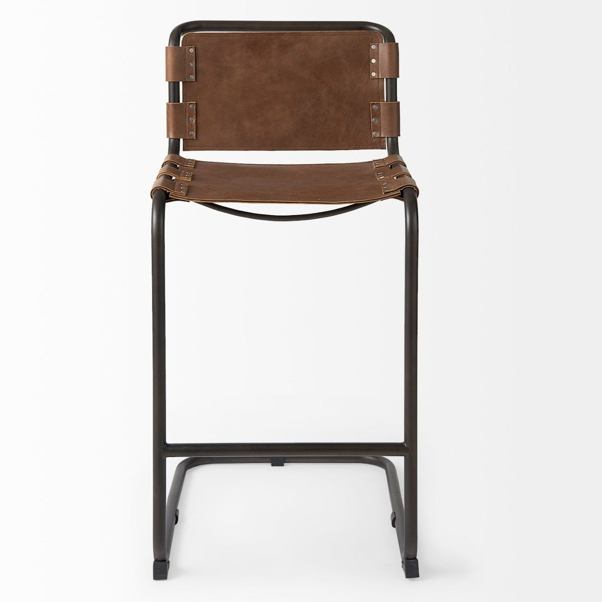 Mercana Berbick 43" Total Height Medium Brown Leather w/ Iron Frame Bar Stool