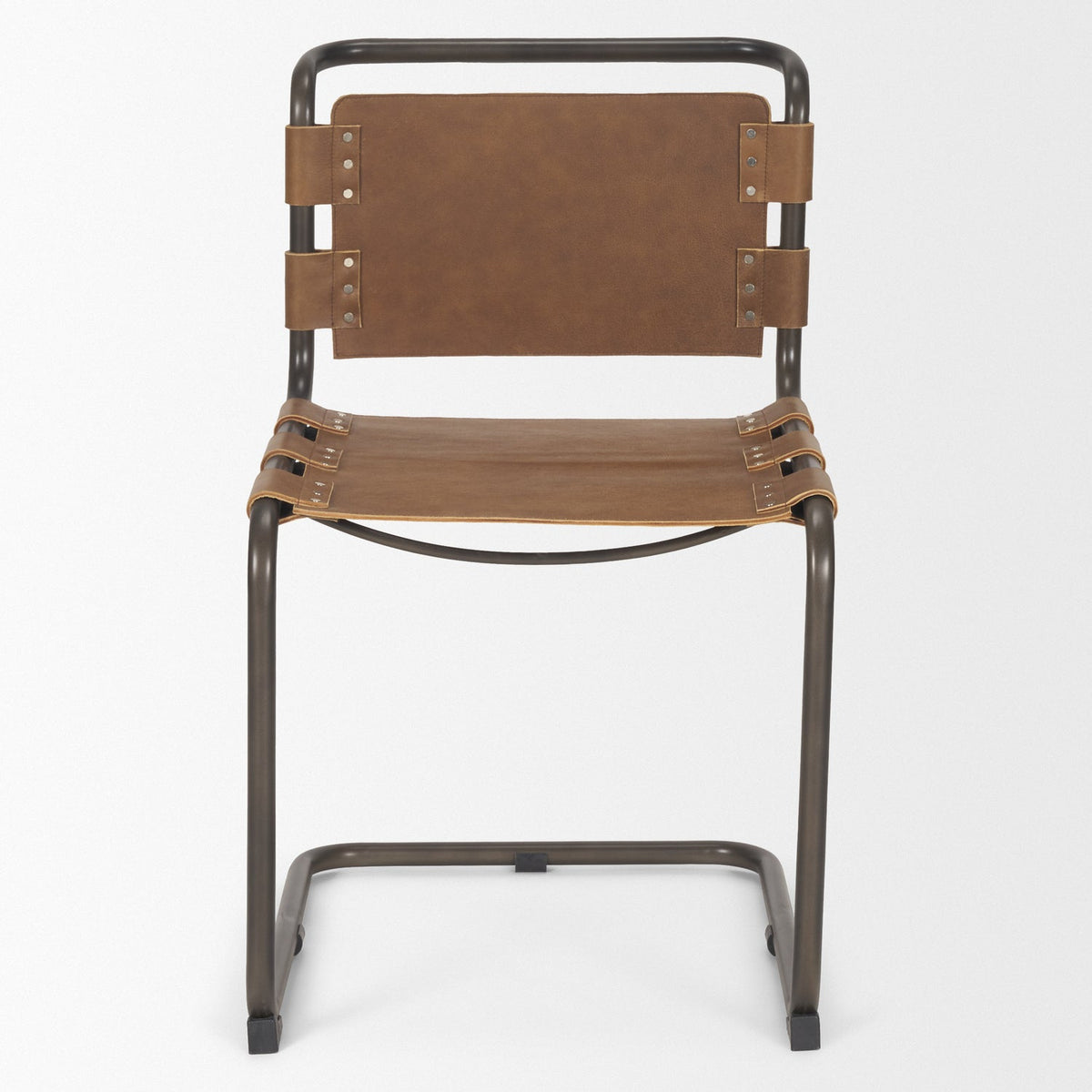 Mercana Berbick Open Back Dining Side Chair | Medium Brown Leather w/ Iron