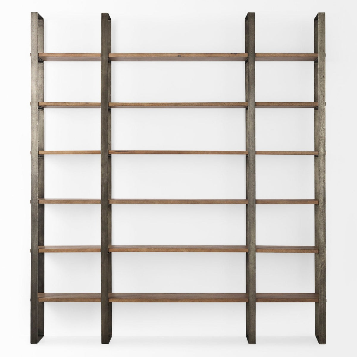 Mercana Taunton 80L x 10.5W x 90H Medium Brown Wood W/ Antique Nickel Metal Frame 6 Tier Shelving Unit