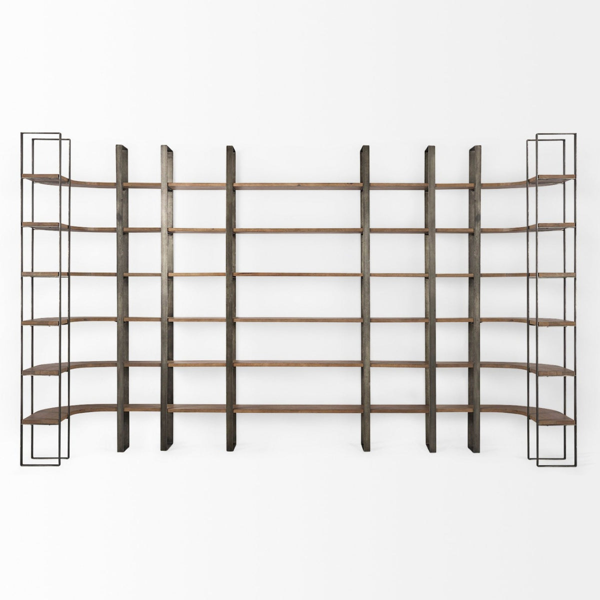 Mercana Taunton 80L x 10.5W x 90H Medium Brown Wood W/ Antique Nickel Metal Frame 6 Tier Shelving Unit
