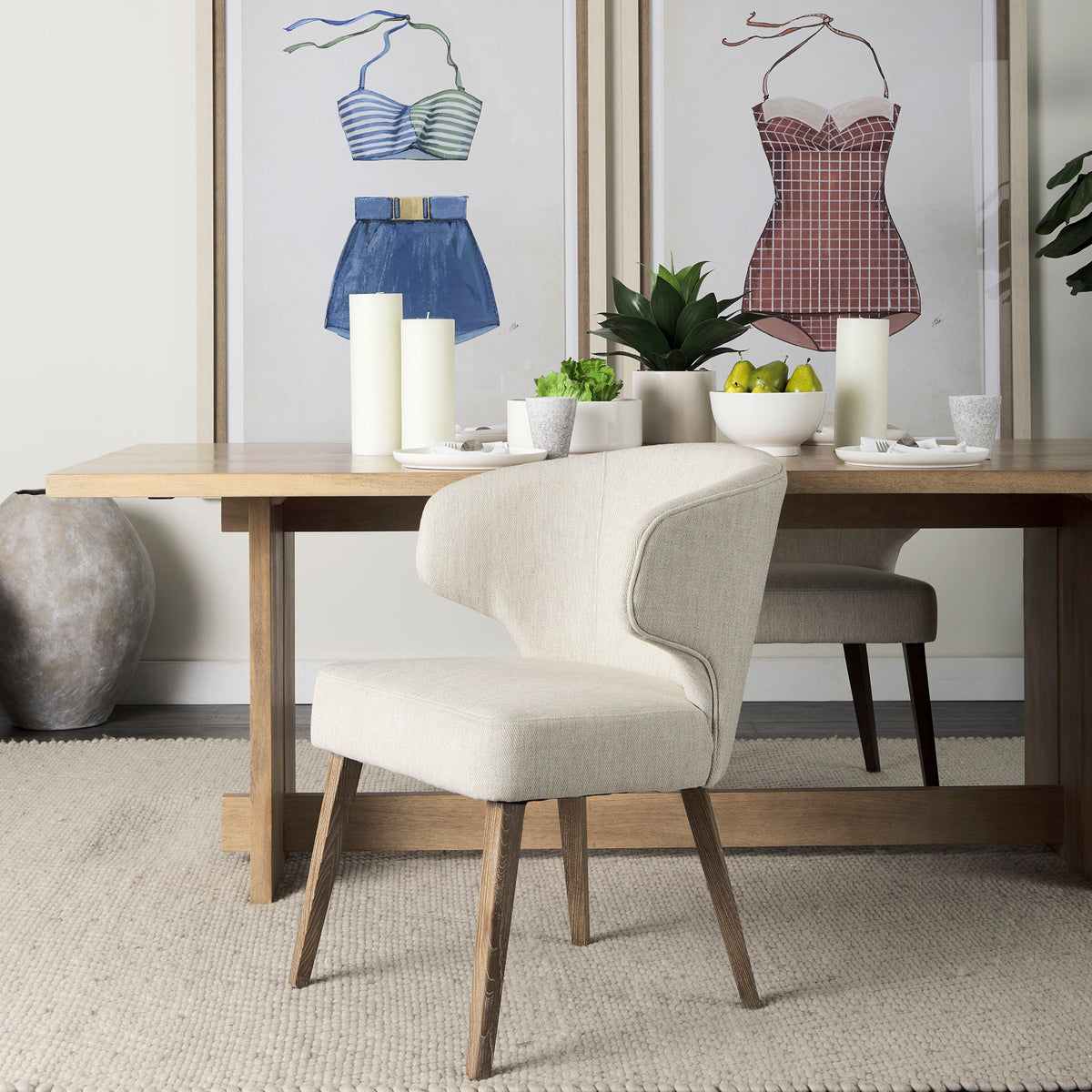 Mercana Niles Wingback Dining Side Chair | Cream Fabric w/ Medium Brown Wooden