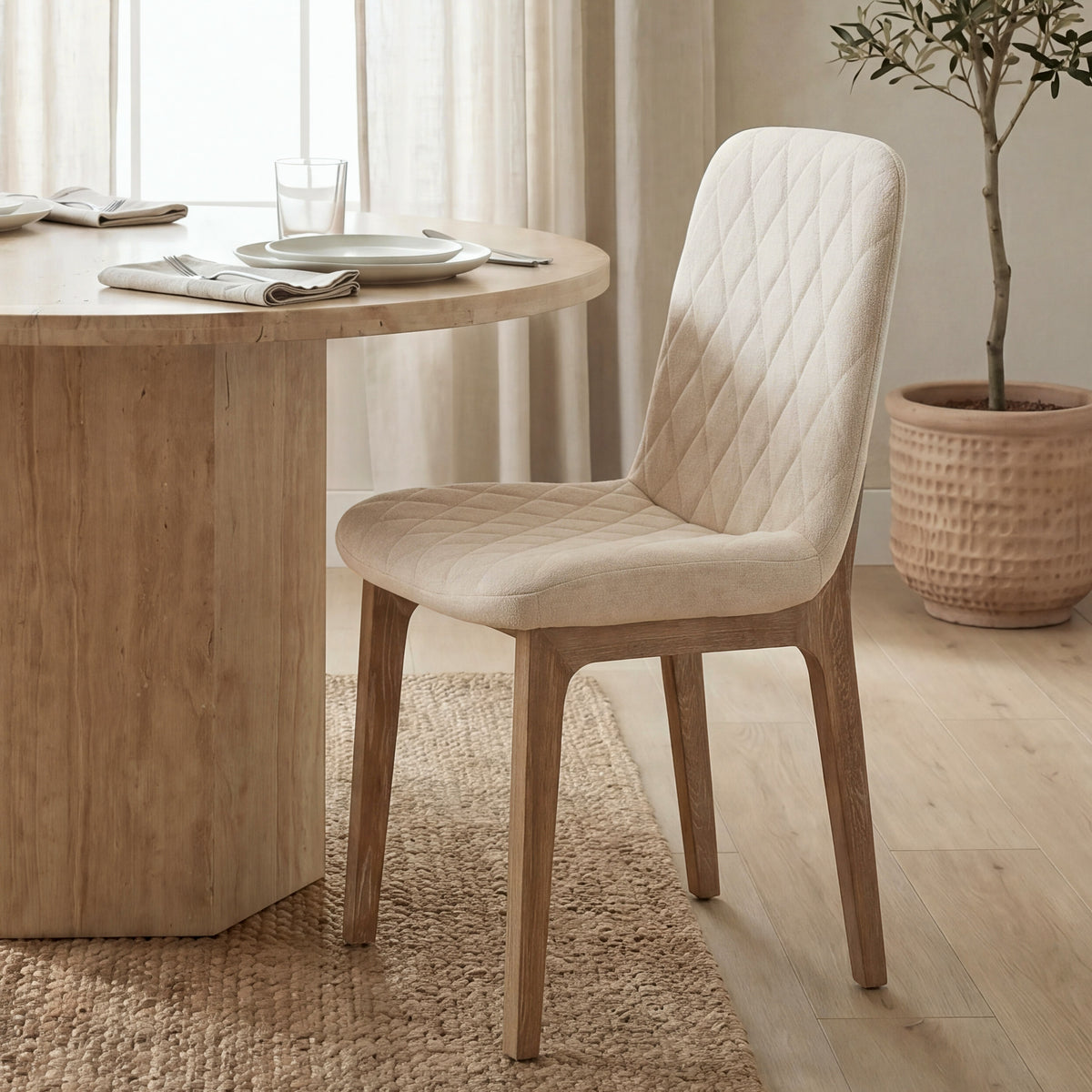 Mercana David Solid Back Dining Side Chair | Tuffed Cream Fabric w/ Brown Wood