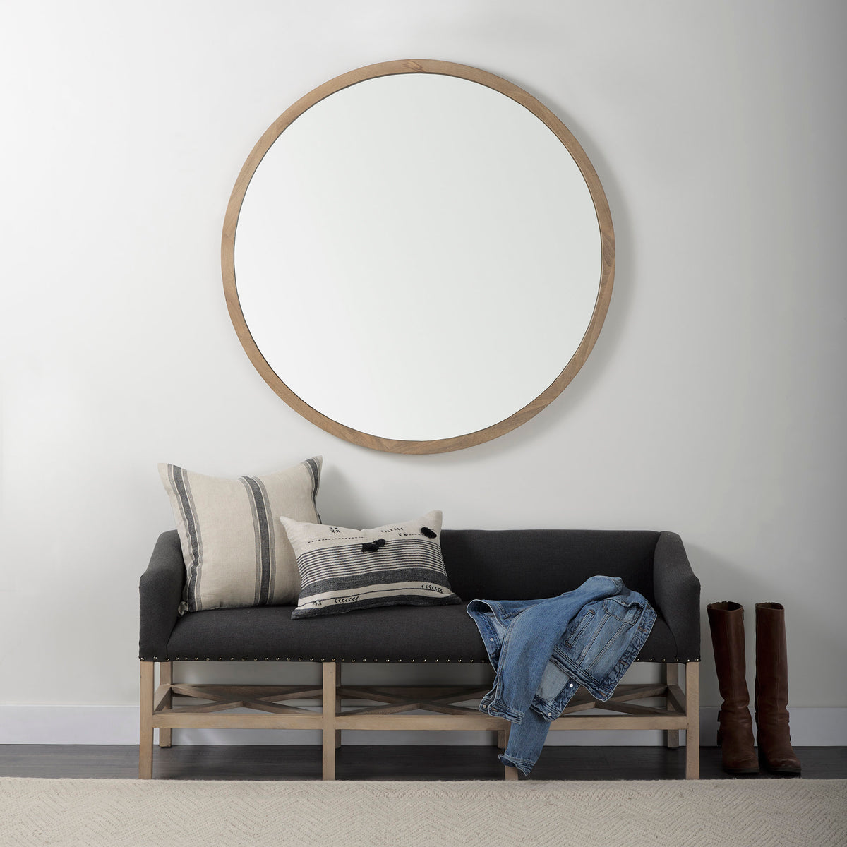 Mercana Bergen 60.0L x 19.0W x 25.5H Dark Gray Fabric W/ Light Brown Wooden Base Accent Bench