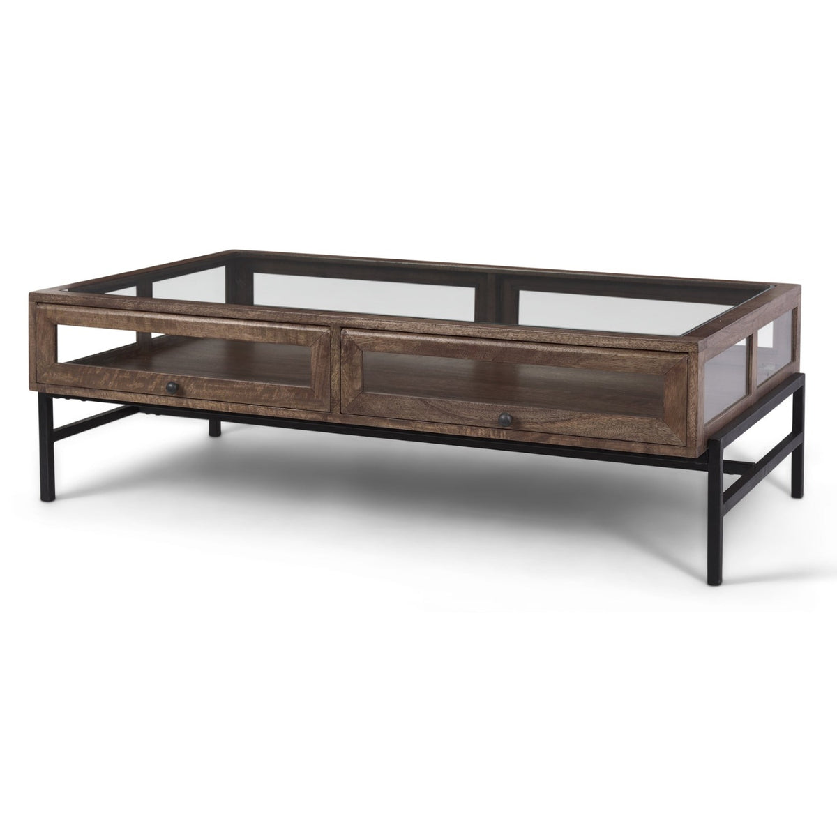 Mercana Arelius Rectangular Glass-Top Medium Brown Wood w/Black Metal Base Display Coffee Table, primary product view