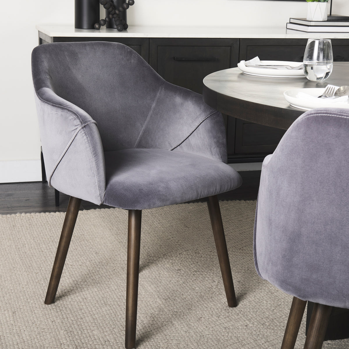 Mercana Ronald Curved Back Dining Side Chair | Grey Velvet w/ Black Wood