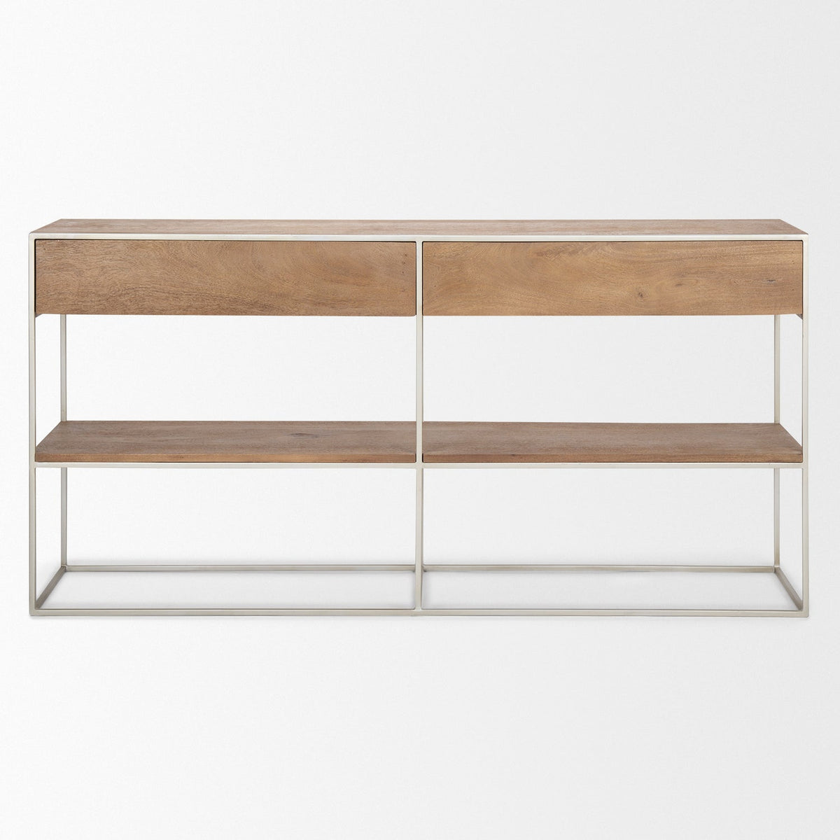 Mercana Morris I 63L x 15W x 31H Brown Wood w/ Silver Metal Frame 2 Drawer Console Table