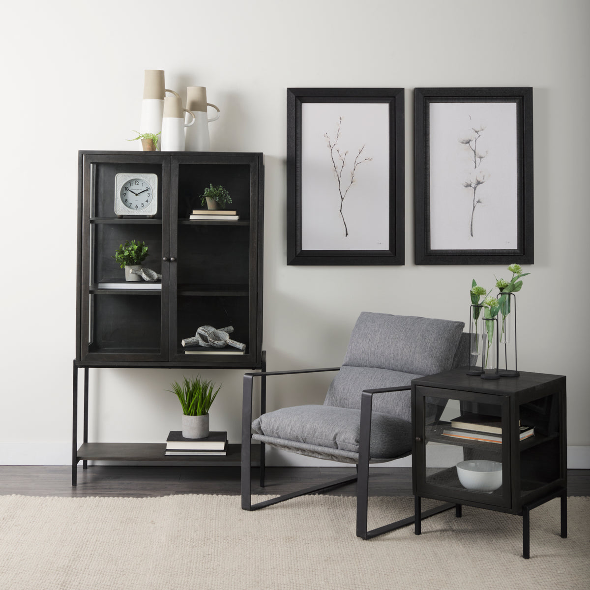 Mercana Arelius 20L x 18W x 26H Black-Brown Wood W/ Black Metal Frame End/Side Table