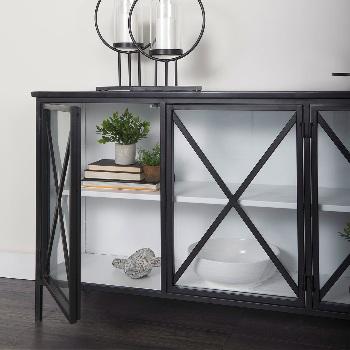 Mercana Aurelia 79.0L x 16.0W x 33.0H Black and White Metal Four Door Glass Cabinet
