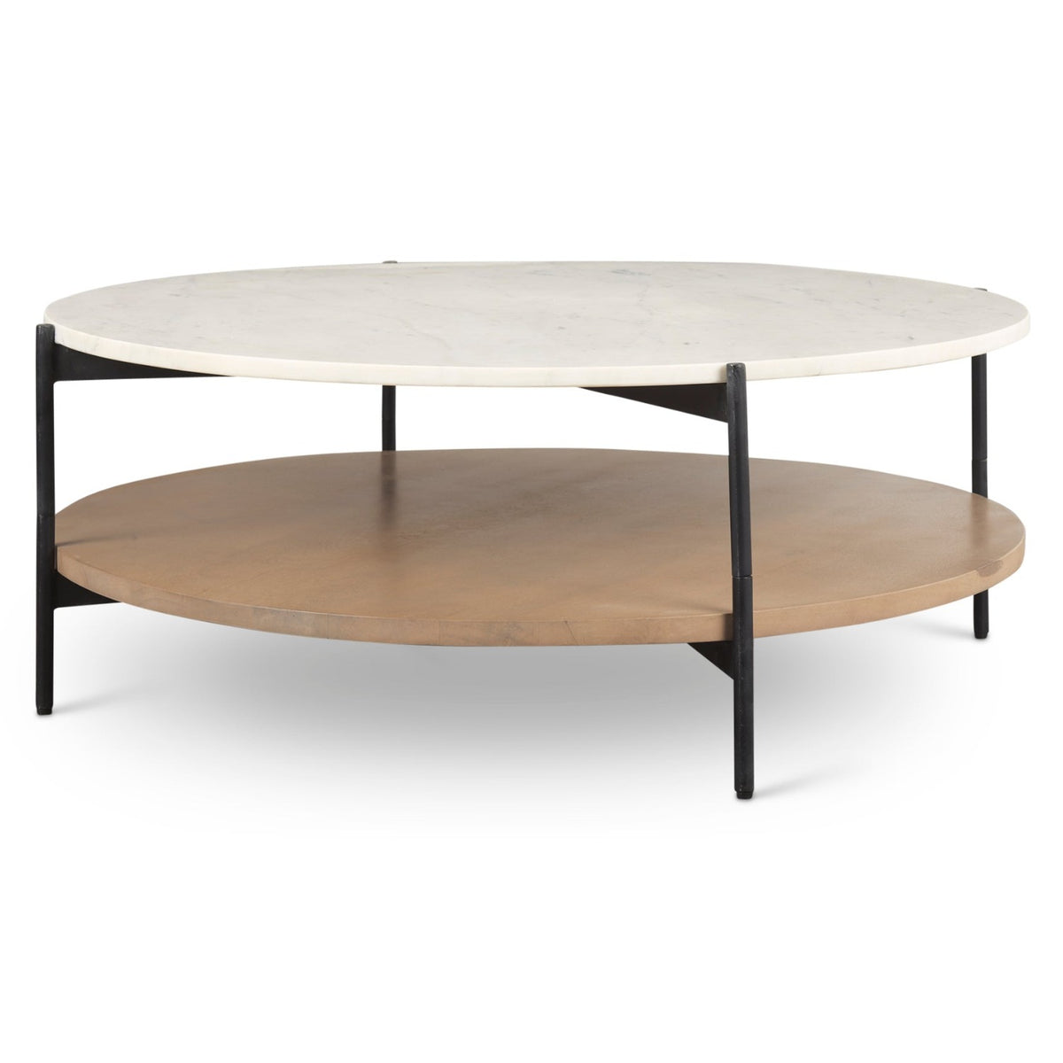 Mercana Larkin Marble Top w/Brown Wood Shelf Round Coffee Table in Brown, White, primary product view