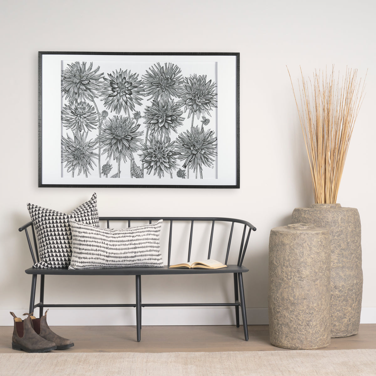 Mercana Jolie Cream w/ Black Print Linen Square Pillow Cover