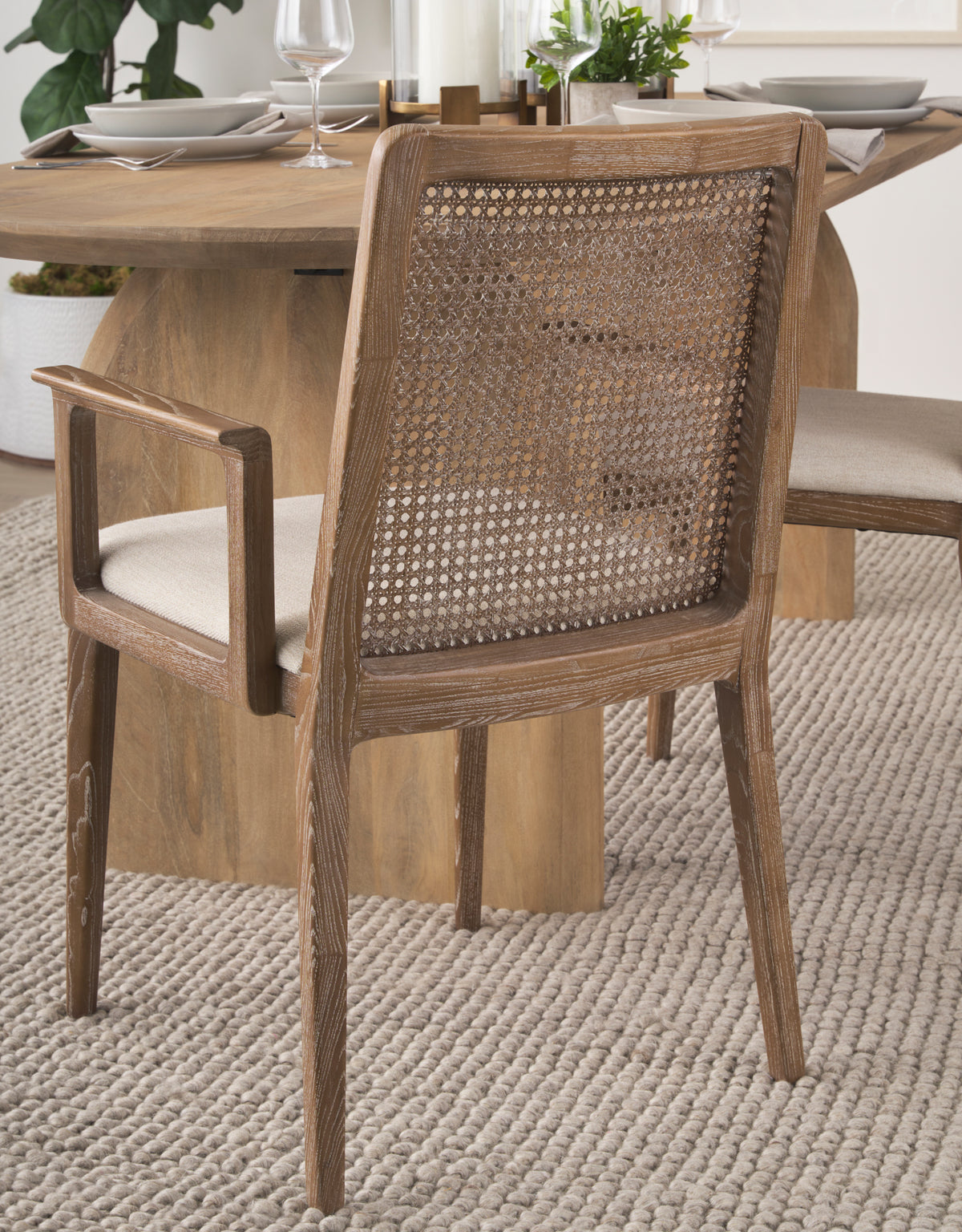 Mercana Clara Cane Back Dining Side Chair | Cream Fabric w/ Light Brown Wood