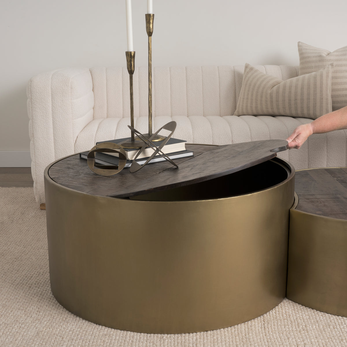 Mercana Eclipse Antique Brass Metal Drum Base w/ Dark Brown Wood Top Nested Coffee Table