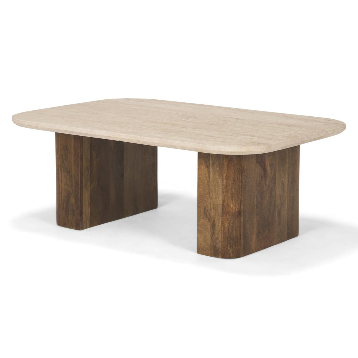 Mercana Symona Travertine and Mango Wood Rectangle Coffee Table in Brown, primary product view