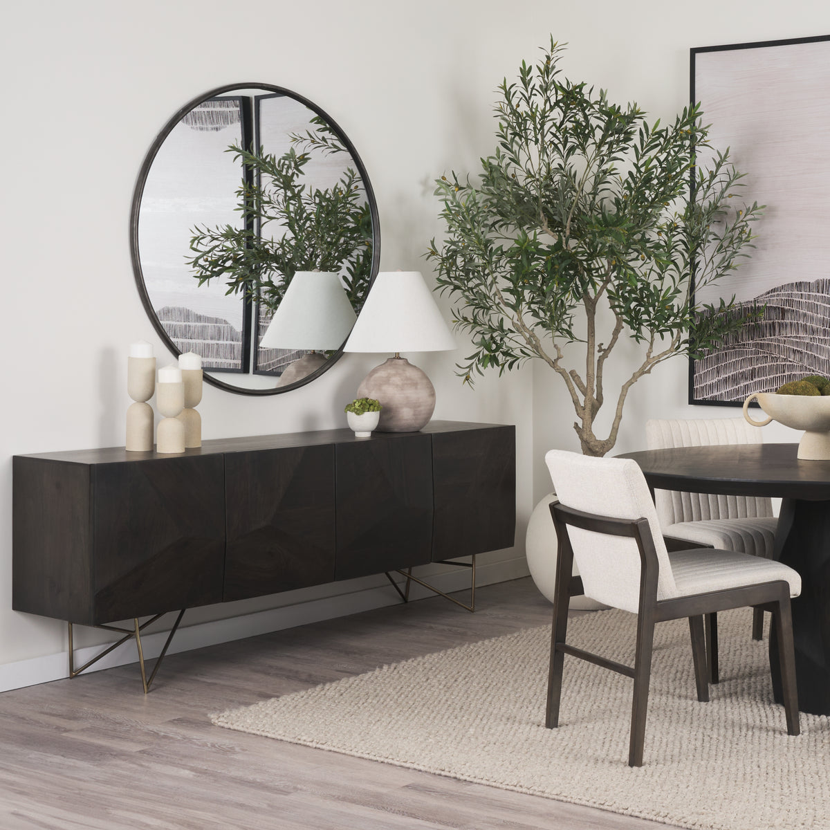 Mercana Darwin Brown Solid Wood Gold Metal Base 4 Cabinet Door Sideboard