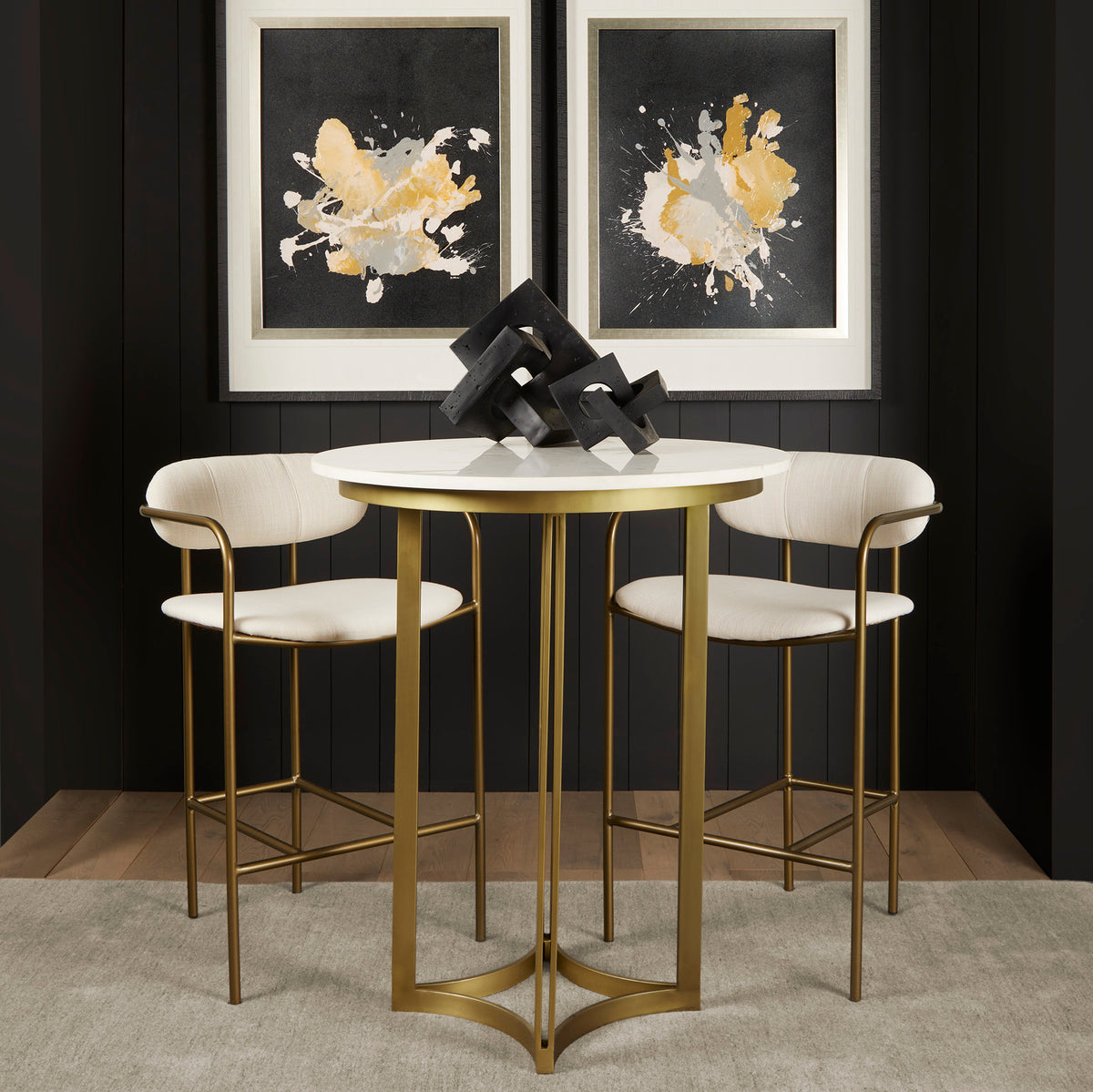 Mercana Tanner 32"L x 32"W Pedestal Dining Table | White Marble & Matte Gold | Seats 2