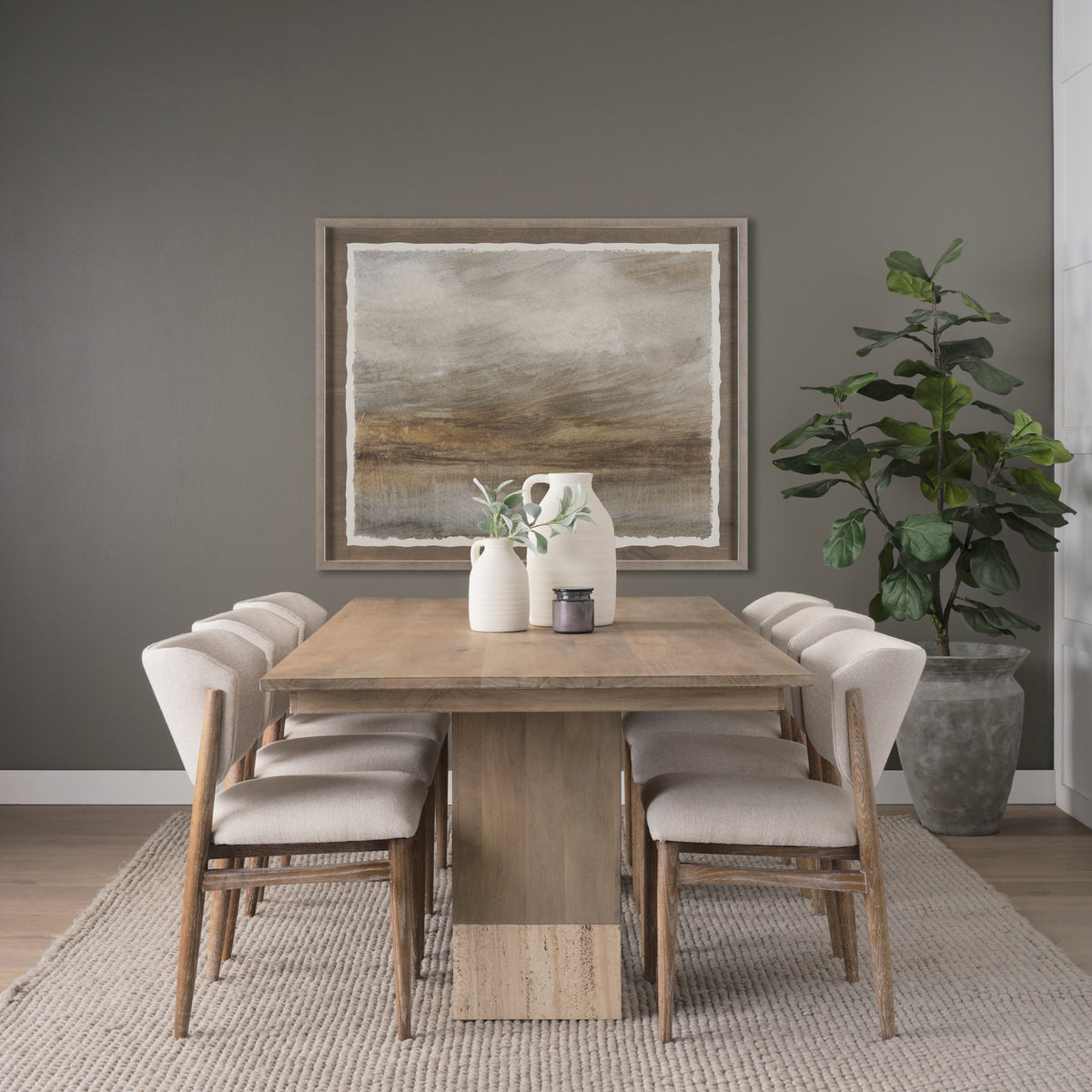 Mercana Shivon 94"L x 42"W Dining Table | Light Brown Wood & Light Brown Wood & Travertine | Seats 8