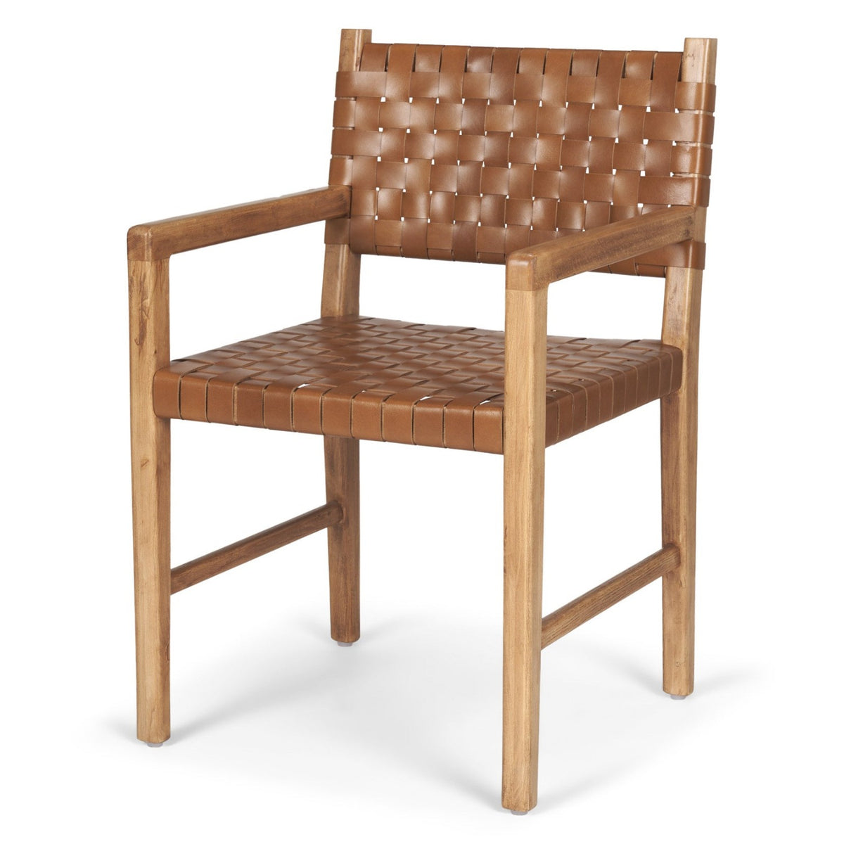 Mercana Shane Woven Brown Leather w/Brown Wood Curved Back Dining Arm Chair Set of 2, primary product view