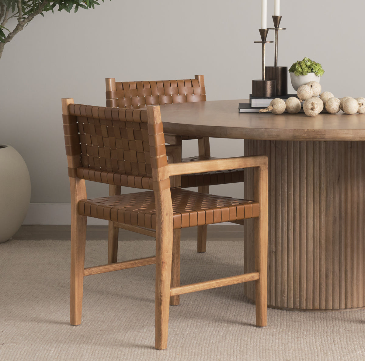 Mercana Shane Curved Back Dining Arm Chair | Woven Brown Leather w/ Brown Wood