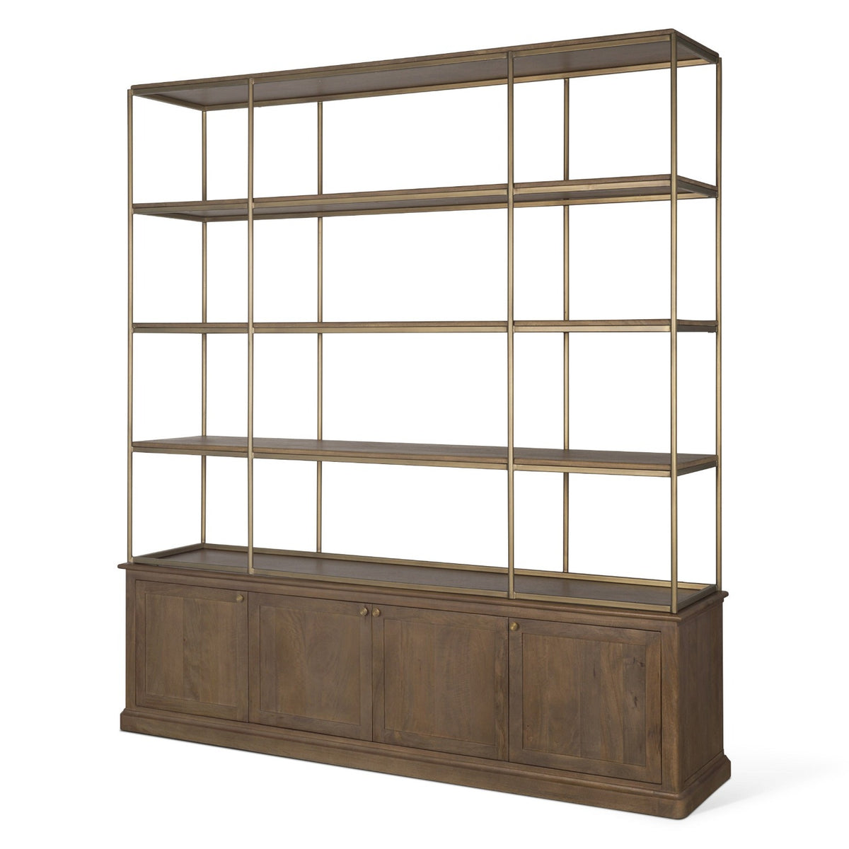 Mercana Baron 4-Door Dark Brown Wood w/ Antique Brass Metal Open Shelving Unit
