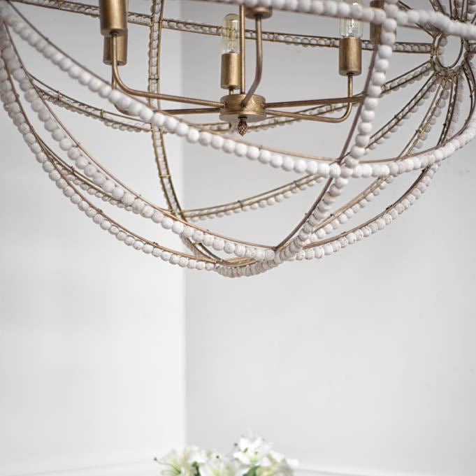 Mercana Ava White (34"D) Gold Metal and White Wood Beaded Six Bulb Chandelier