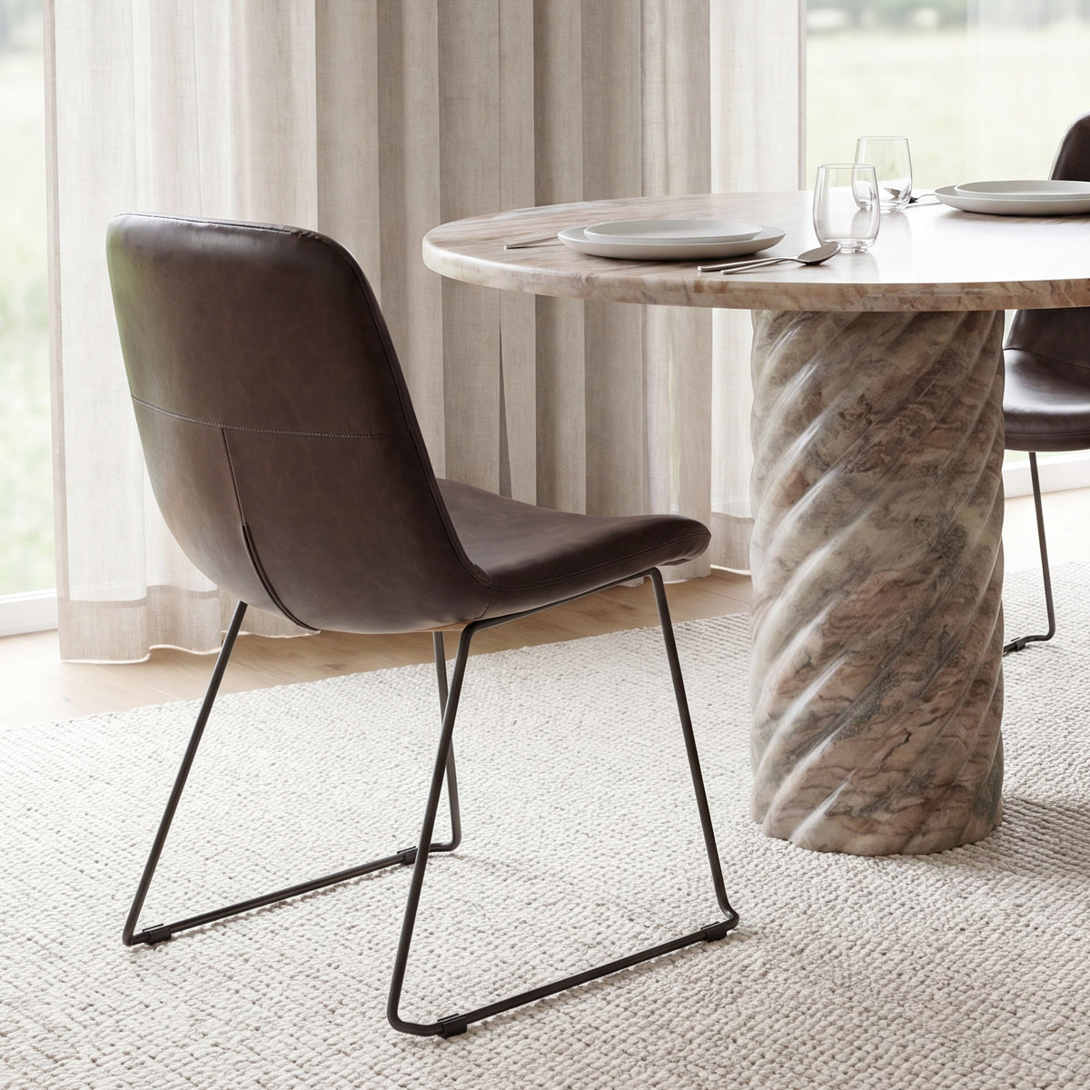 Mercana Sawyer Solid Back Dining Side Chair | Dark Brown Faux Leather w/ Iron