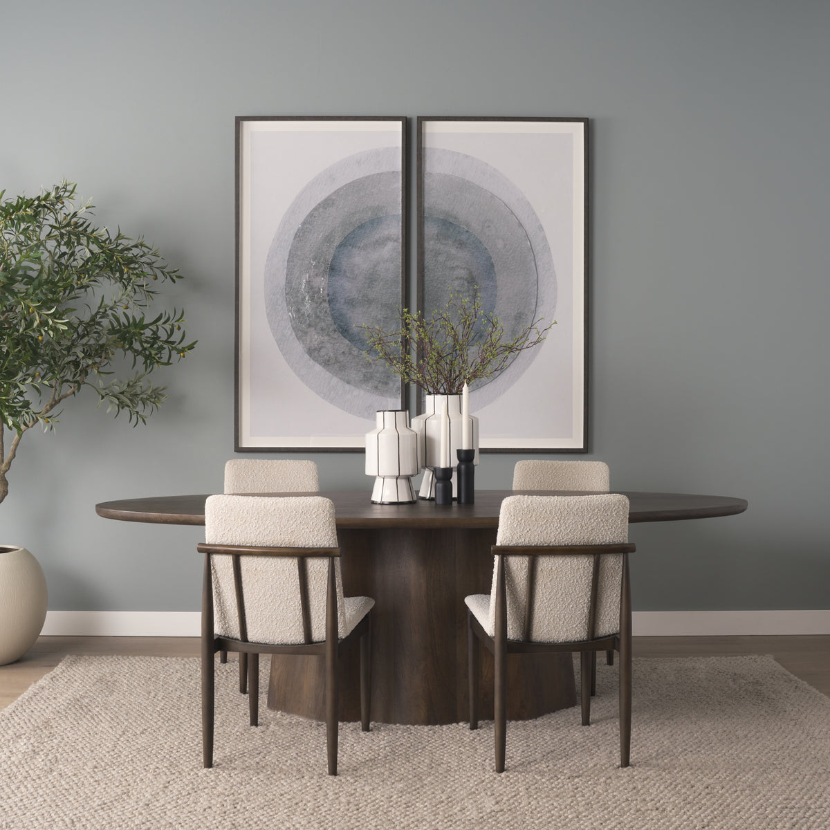 Mercana Cavett Curved Back Dining Side Chair | Cream Boucle w/ Dark Wood
