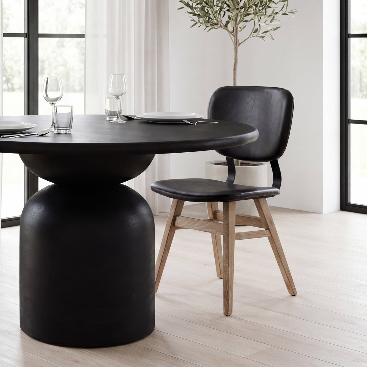Mercana Haden Open Back Dining Side Chair | Black Faux Leather w/ Iron