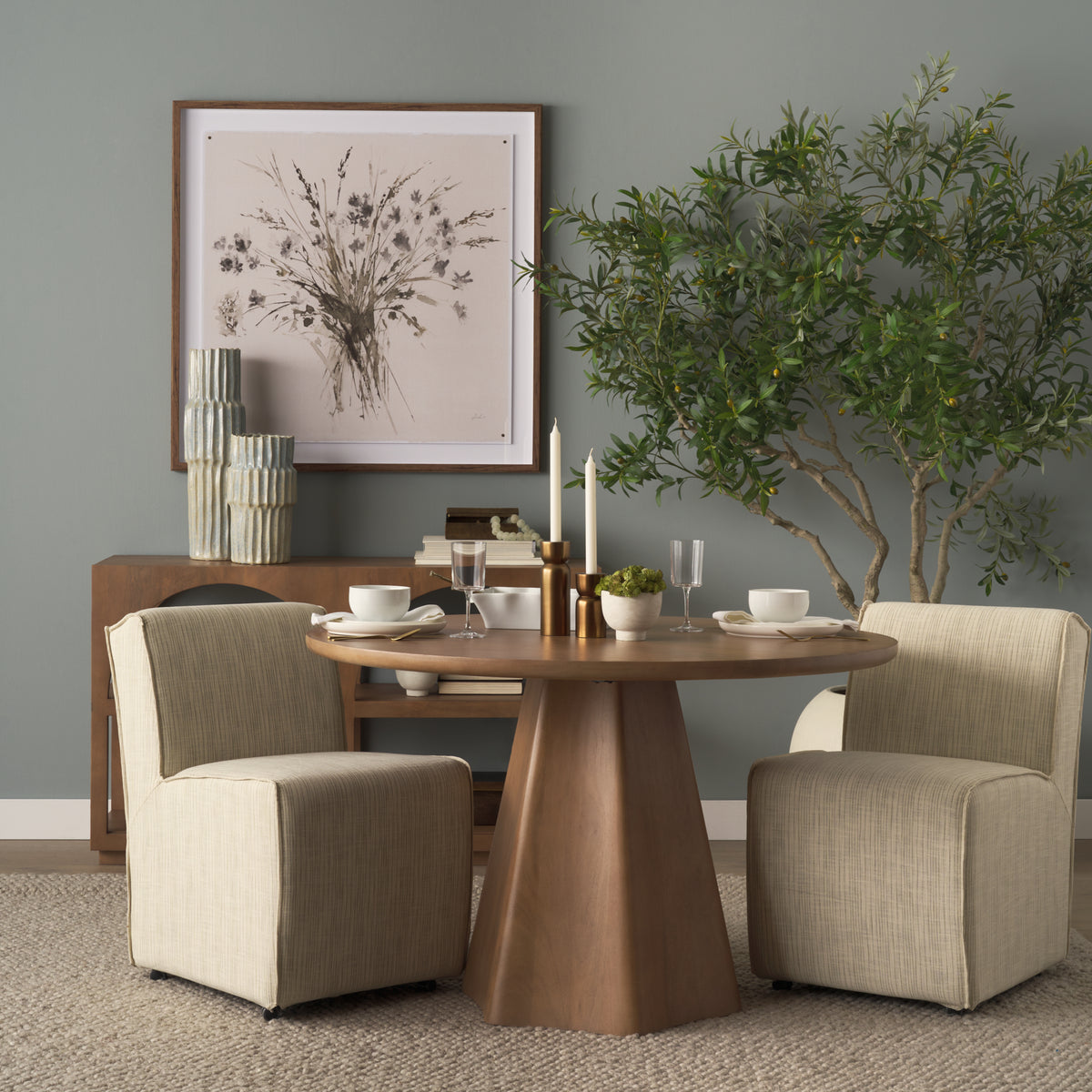Mercana Damon Barrel Back Dining Arm Chair | Cream Fabric w/ Caster Base