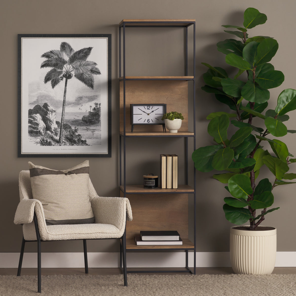 Mercana Morris 19.75 L x 15.0W x 72.5H Beige Wood W/Black Metal Frame 4-Tier Shelving Unit