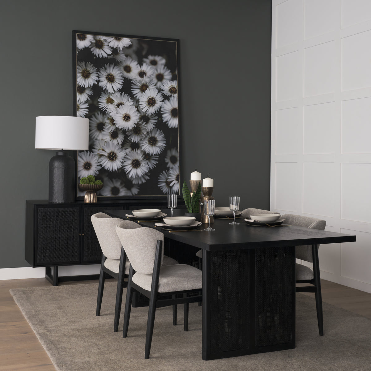 Mercana Grier 84"L x 38"W Dining Table | Modern | Black Wood & Black Wood/Cane | Seats 8
