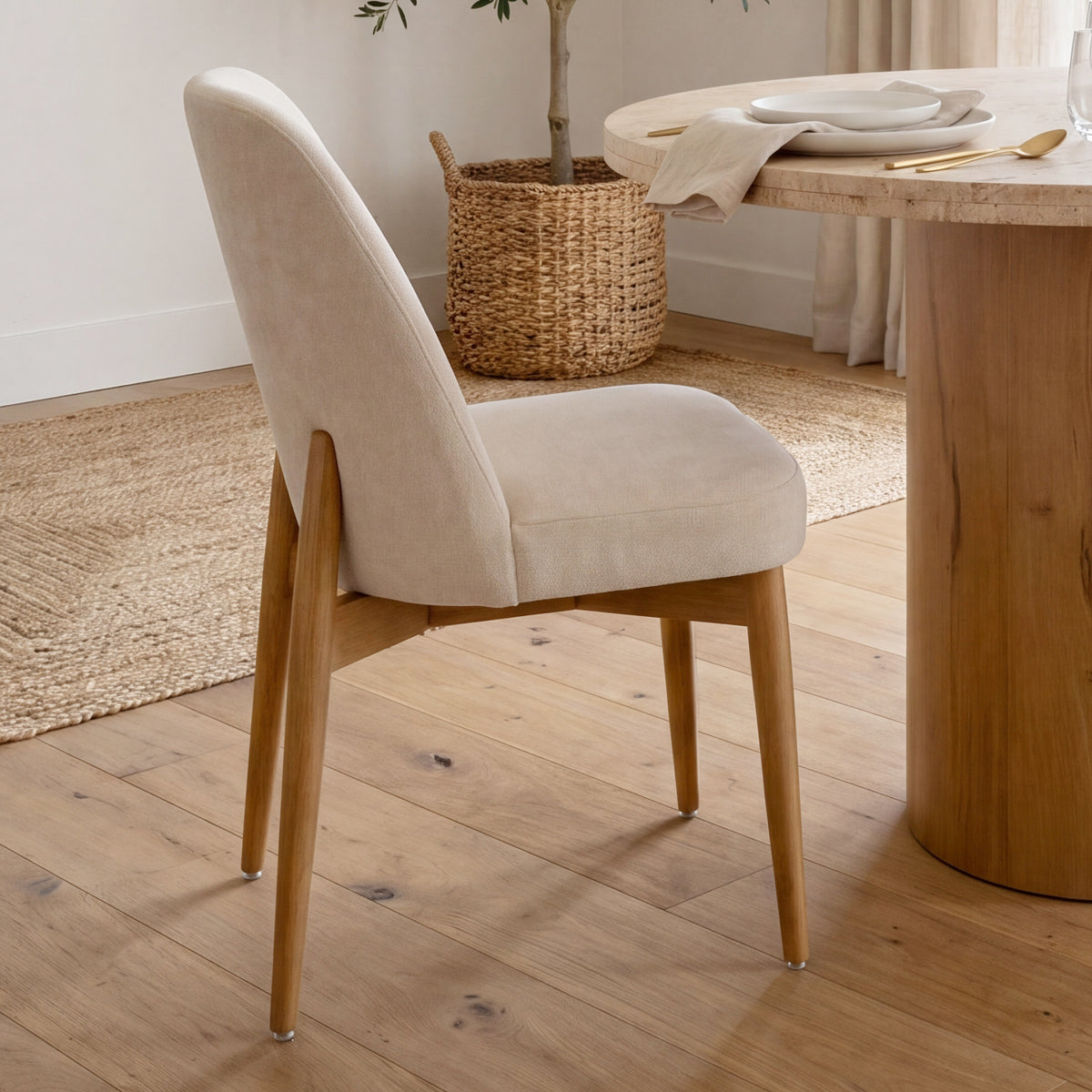 Mercana Abbie Oatmeal w/Brown Wood Curved Back Dining Side Chair Set of 2 in Beige, primary product view