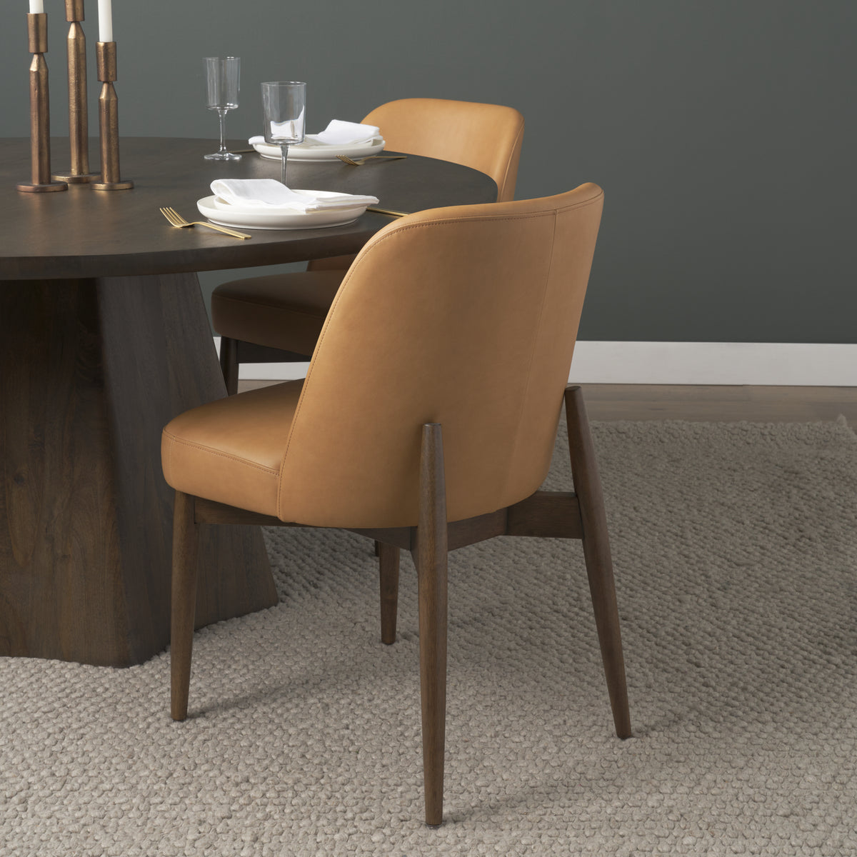 Mercana Abbie Curved Back Dining Side Chair | Tan Leather w/ Brown Wood